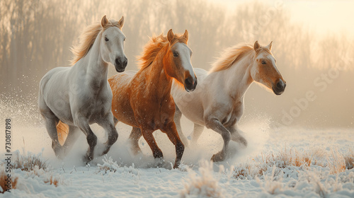 Wild horses troting in the snow