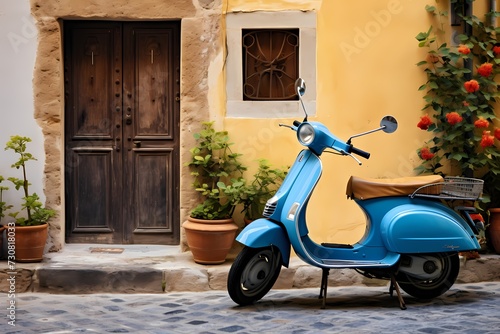 Vintage-inspired blue scooter parked on a charming street in an Italian village  surrounded by colorful facades and a sense of relaxed living