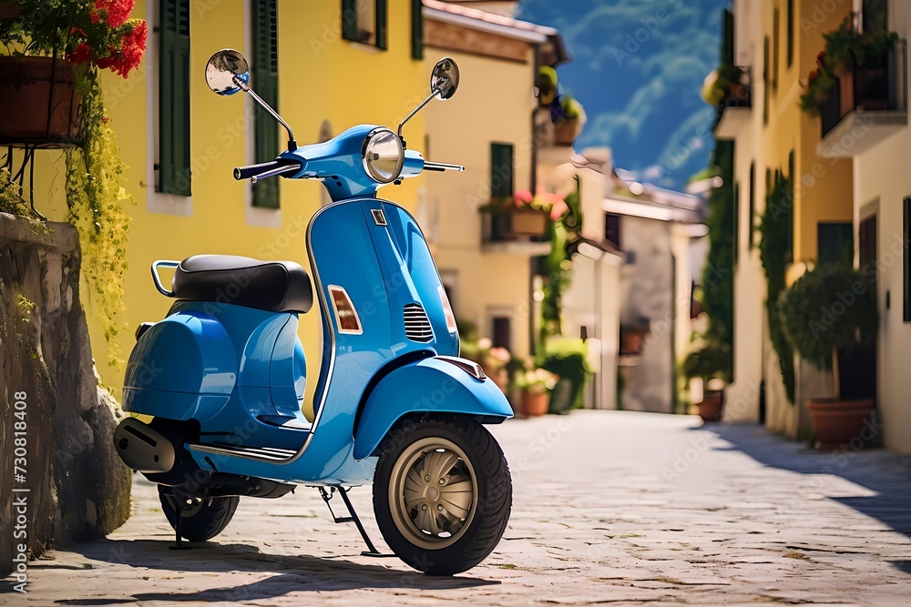 Vintage-inspired blue scooter parked on a charming street in an Italian village, surrounded by colorful facades and a sense of relaxed living
