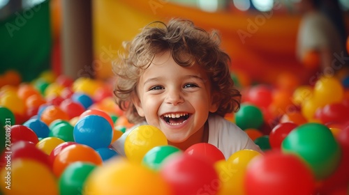 A close-up portrait of a laughing boy having fun in an inflatable pool with colorful balloons at a birthday party at a children's amusement park. photo