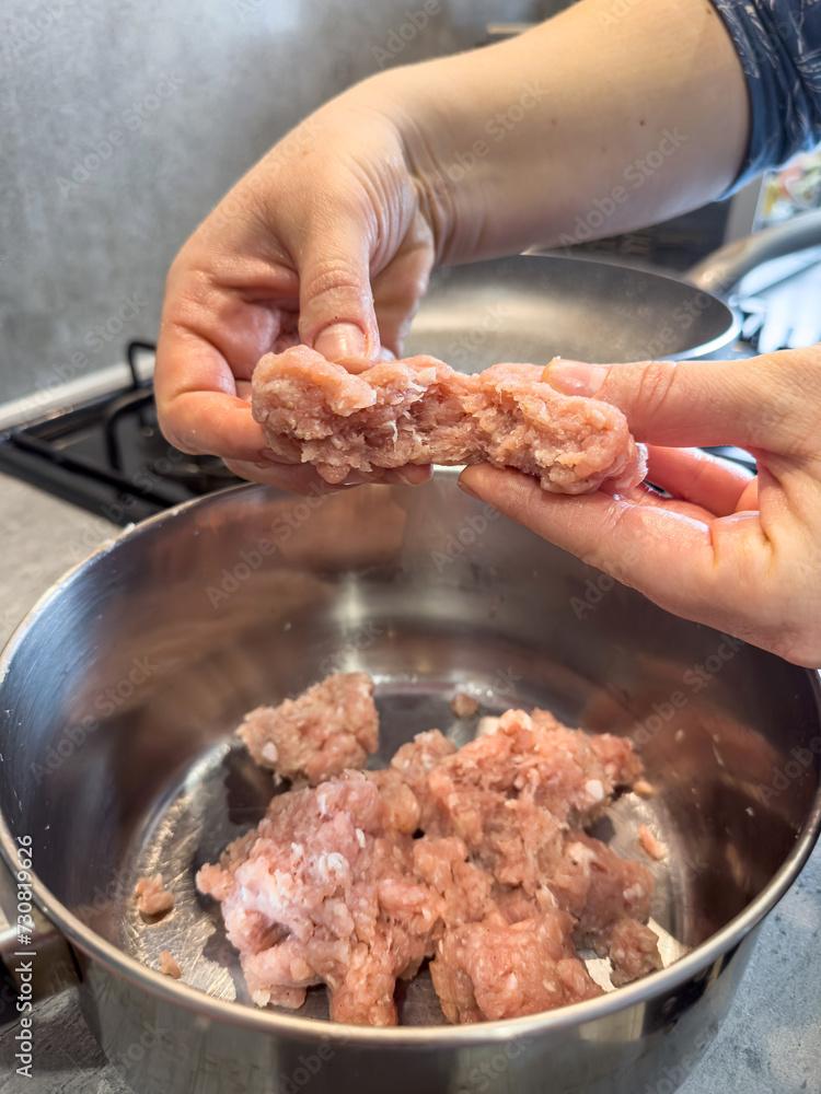 Female hands make meatballs with red fat mince, close up