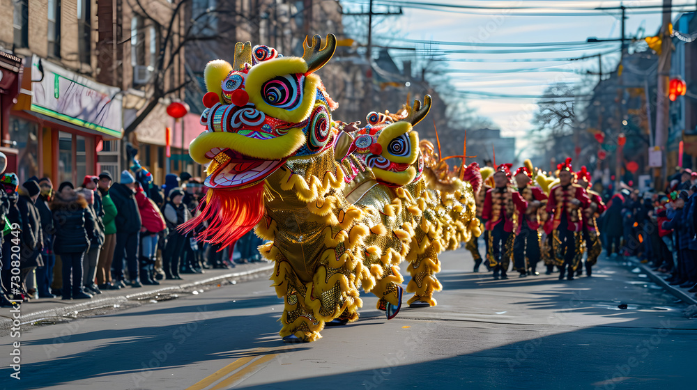 Obraz premium Vibrant Dragon Dance at Lunar New Year Parade