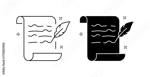 Paper and pen icons. Linear and silhouette style. Vector icons