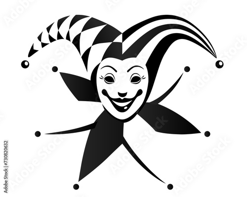 Black and white contrasting drawing of head of smiling Joker of playing cards isolated on white. Vector illustration in flat design style