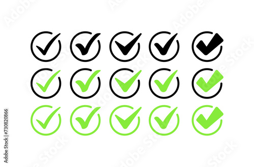 Checkmark confirmation icon collection. Flat and silhouette style. Vector icons