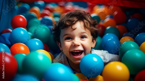 Close-up portrait of a laughing little boy having fun in a pool with colorful balloons on birthday party at a children's amusement park.