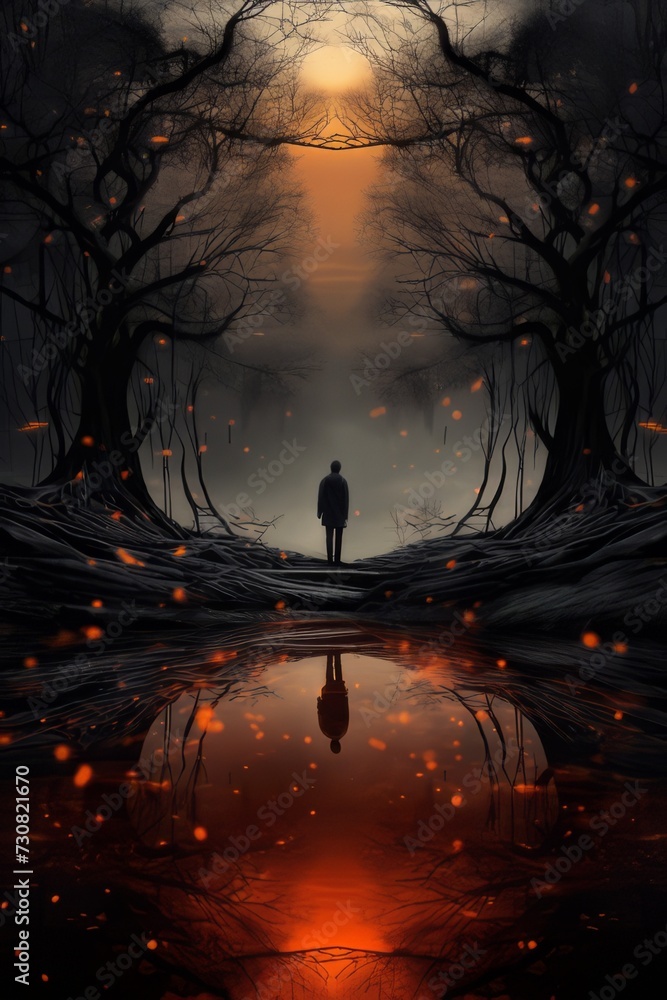 Obraz premium Silhouette of a person in the forest with reflection. Mental health issues creative surreal concept. Individuality, individualism. 