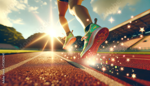 Runner's legs in motion, shoes sparkle, track red, sunlight filters. Sunlight makes the runner's neon shoes and stars look magical. © Chatpisit