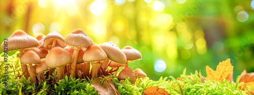 Mushrooms amidst trees, plants, grass, and sky in natural landscape.