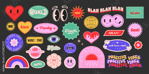 Set of abstract y2k shapes and badges. Geometric templates, smiling faces, flowers, hearts, patches. Groovy and psychedelic stickers. Fun graphic for poster and collage design. Vector illustration