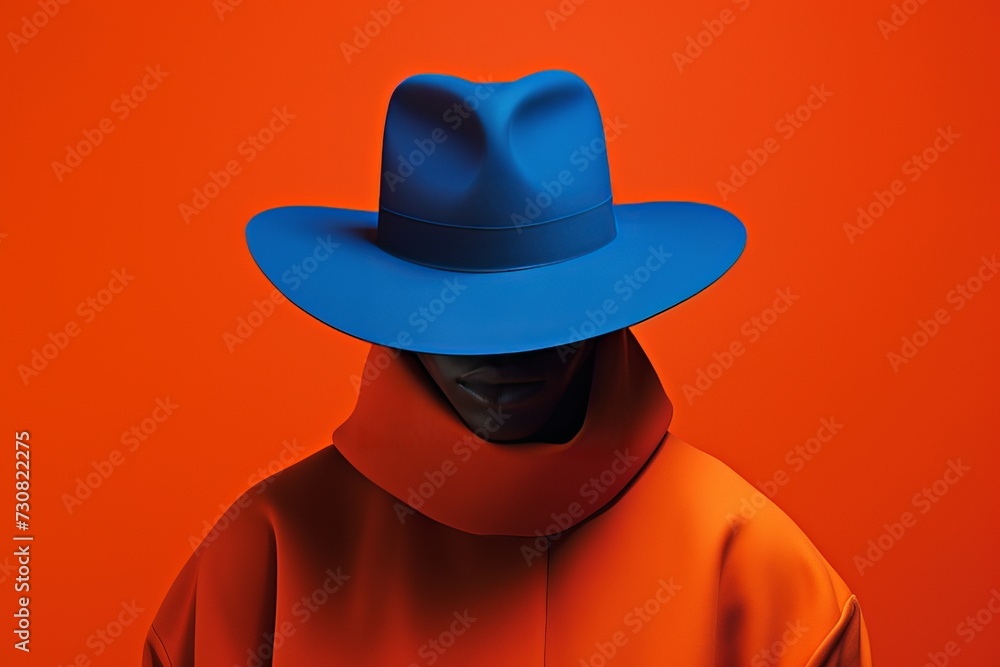 African American male model wears vibrant blue hat and orange sweater. African American male model wears vibrant blue hat and orange sweater.