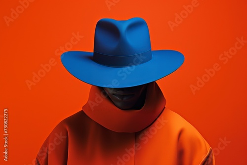  African American male model wears vibrant blue hat and orange sweater. 
