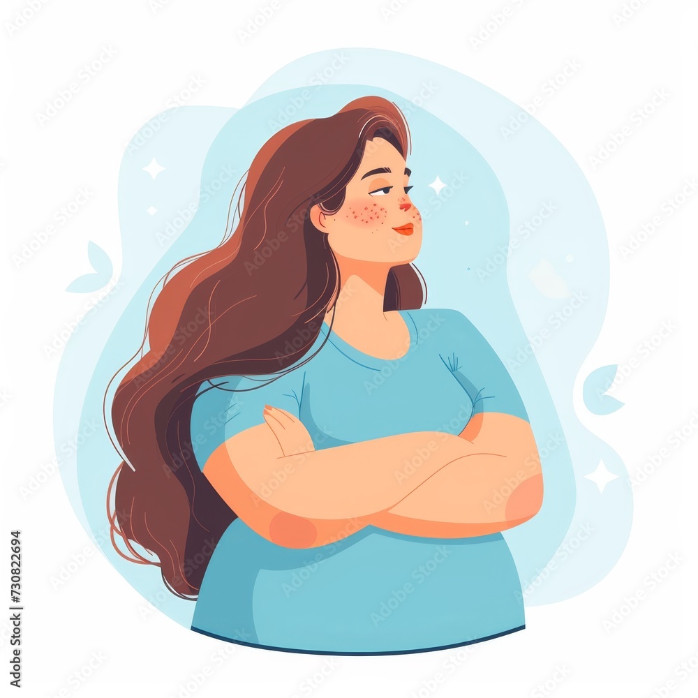 Flat illustration of a body positive girl radiating self-love. The girl broadcasts body positivity and self-love.