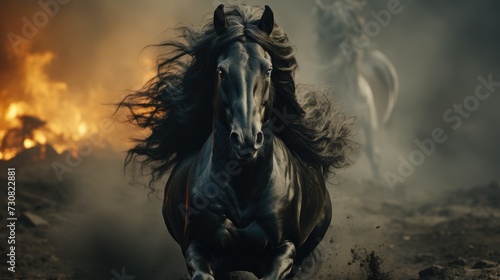 Majestic Black Horse Galloping Through Billowing Dust.