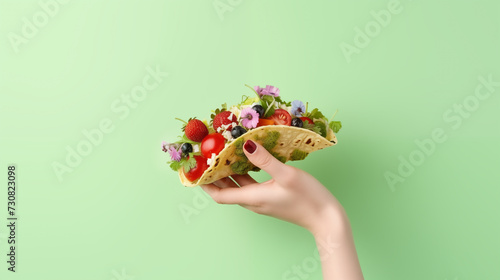 Woman holding taco with spring flowers and berries in hand on green background with copy space,
