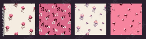 Pink cute collage of set seamless patterns with abstract tiny flowers roses, rosebud, buds, shapes stylized leaves.  Vector hand drawn sketch. Templates for design, printing, fabric,