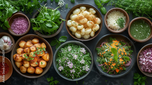 Wild herbs in bowls on a table