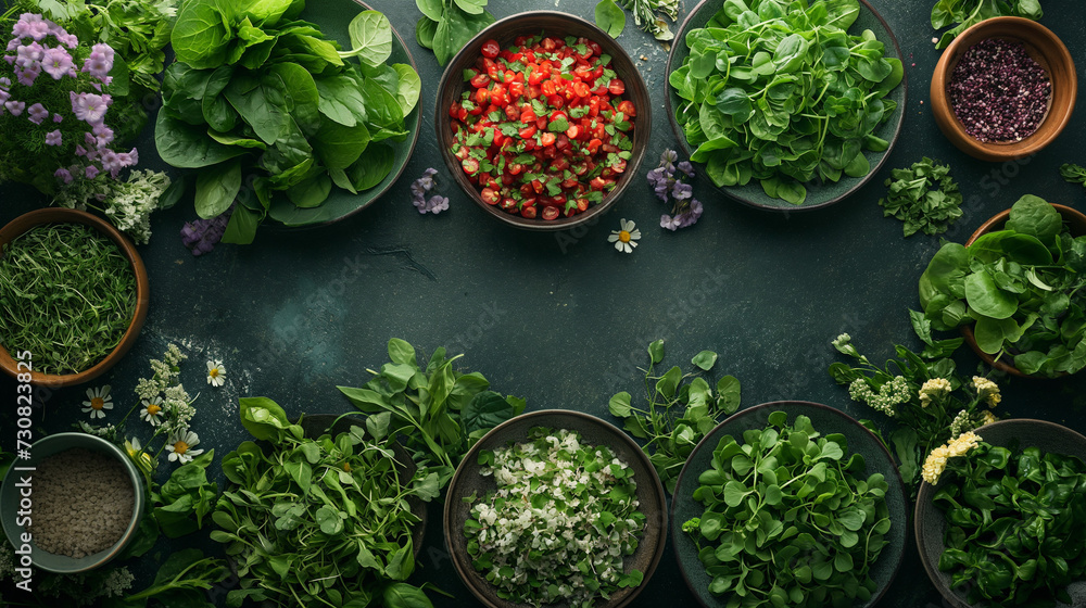 Wild herbs in bowls on a table Wild herbs in bowls on a table