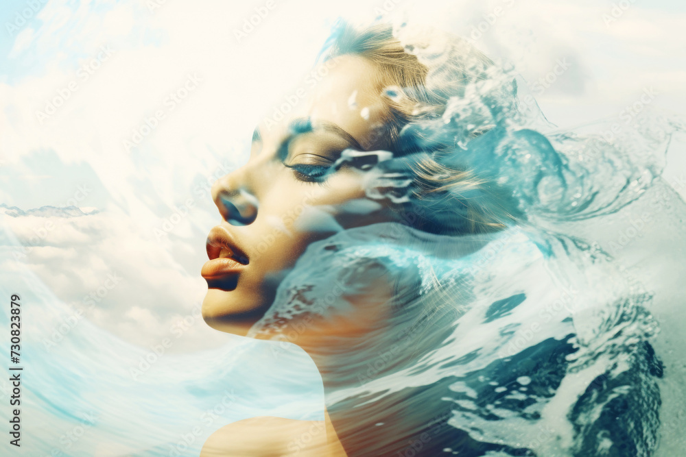 Double exposure of a beautiful woman and wave. Relaxation, meditation concept