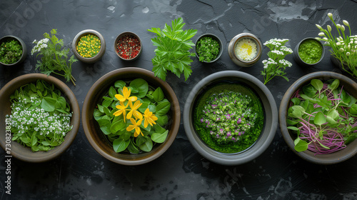 Wild herbs in bowls on a table