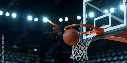 A basketball ball flies into a basket. Game banner © bit24