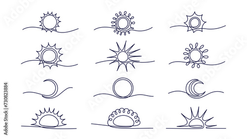 Linear sun, moon. Vector continuous line element