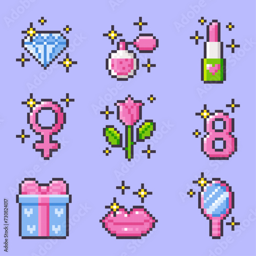 International Women's Day pixel art set. Isolated girly cute vector icons. Female power. 8 march. Design for stickers, mobile app. Vector pixel art illustration in 8-bit y2k style.