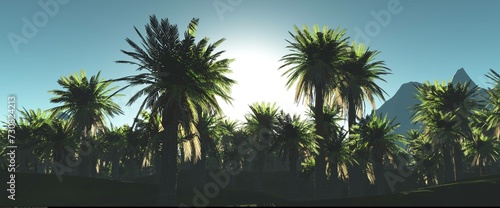 silhouettes of palm trees against the backdrop of mountains at sunset, 3D rendering