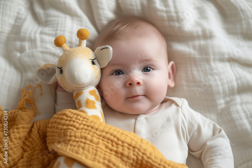 Cute Baby with Stuffed Giraffe, Infant Lying on Bed, Baby Portrait with Toy, child with toy