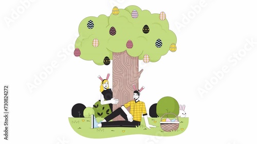 Easter egg hunting line 2D animation. Seek and find. Caucasian couple wearing bunny ears in yard 4K video motion graphic. April Eastertime linear animated cartoon flat concept, white background photo