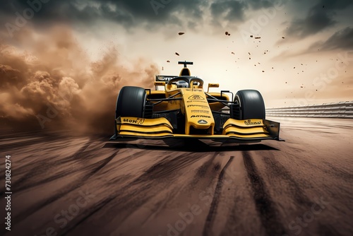 Dramatic shot of a racing car leaving a trail of dust and tire marks while accelerating on a straight stretch of the race circuit photo