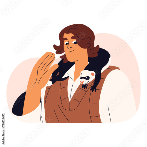 Cute ferret lying, rests on owner shoulders. Person plays with funny polecat in petting zoo. Girl loves her pet weasel. Woman cares about domestic animal. Flat isolated vector illustration on white
