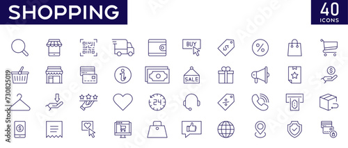 Shopping icons set with fully editable stroke thin line vector illustration with online, store, delivery, promotion, shopping cart, e-commerce, malls, retails, marketing, money, price, gifts, payments