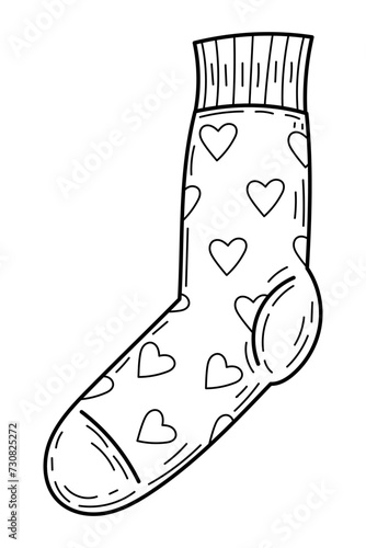 Coloring book sock with hearts doodle. Cute clothes. Hand drawn vector illustration. photo