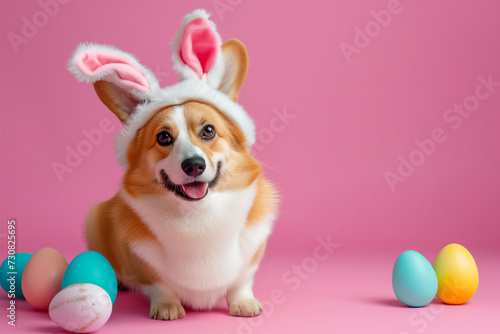corgi dog wearing easter bunny costume on a pastel pink studio background with easter eggs © ALL YOU NEED studio
