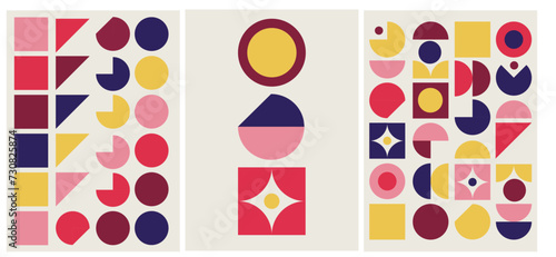 A collection of modern abstract illustrations in the Bauhaus style. Colored geometric shapes (circles and squares) on a beige background