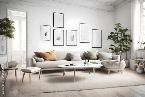 Step into a serene living space, characterized by clean aesthetics and a touch of Nordic charm, offering an empty wall mockup with a sleek white frame.