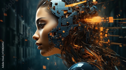 Conceptual art of a female cyborg with intricate mechanical details and glowing circuits.