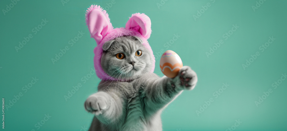 
grey british cat wearing easter bunny costume holds out an easter egg. on a pastel green studio background - obrazy, fototapety, plakaty 