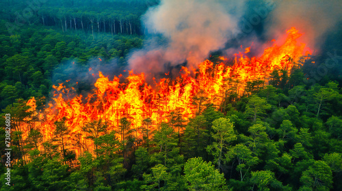 A forest fire ravaging through trees, symbolizing the devastating impact of natural disasters on ecosystems and wildlife
