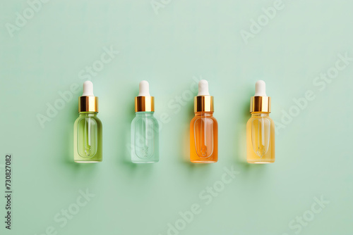 set of serum or oil bottles with a droppers on a pastel light green background, top view