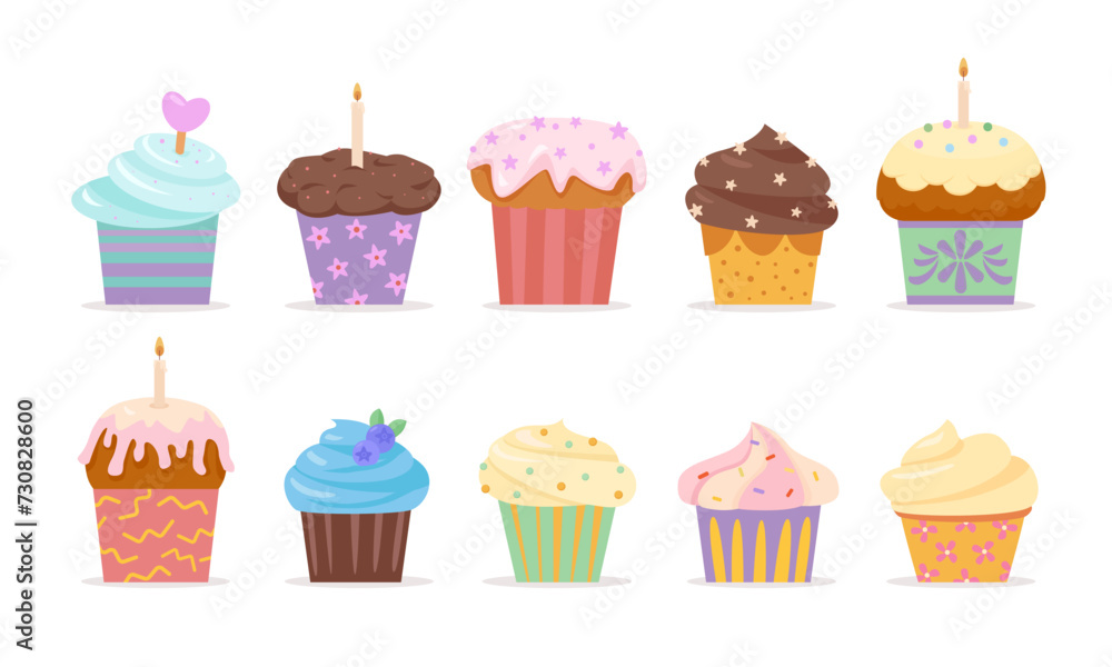 cartoon cupcakes. sweet yummy delicious cartoon muffins cupcakes collection, chocolate vanilla sugar cookies celebration attribuites. vector cartoon flat items set of isolated objects cartoon cupcakes. sweet yummy delicious cartoon muffins cupcakes collection, chocolate vanilla sugar cookies celebration attribuites. vector cartoon flat items set of isolated objects
