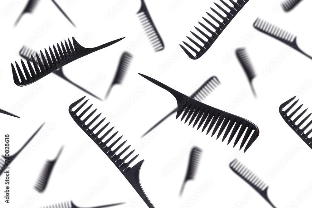 Professional hair combs isolated on white background. Hairbrush isolated. Flying combs. Falling combs. - obrazy, fototapety, plakaty 