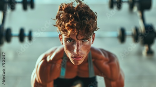 Headshot of young fit sporty muscular handsome caucasian redhead curly man with beautyful eyes and freckles in gym training photo