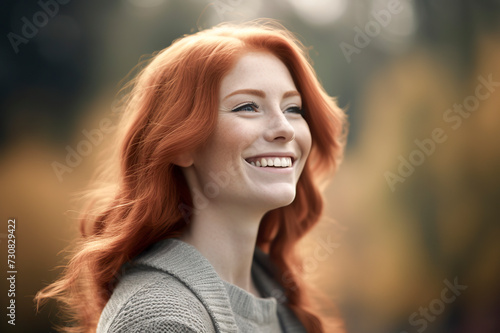 smiling woman with red hair, wearing a grey sweater, against a soft-focus background, ai generative