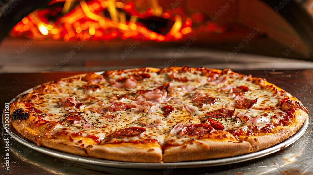 A sizzling pepperoni pizza, bubbling with golden cheese, straight out of the deck oven, ready to be enjoyed. A sizzling pepperoni pizza, bubbling with golden cheese, straight out of the deck oven, ready to be enjoyed.