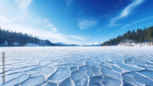 Blue ice and cracks on the surface of the ice. Frozen lake under a blue sky in the winter. The hills of pines. Winter. Carpathian. copy space for text.