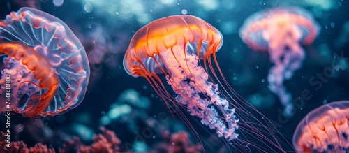 Neon-colored jellyfish with glowing tentacles reside in the ocean's deep seabed, an underwater habitat for marine life. © 2rogan