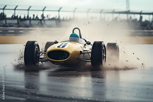 Racing car kicking up a spray of water as it races through a wet section of the racetrack, showcasing the challenges of varied racing conditions