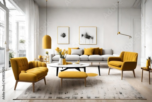Minimalist living room with touches of mustard yellow, capturing the essence of Scandinavian design in a clean palette.